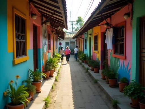 Colorful street art alleyway in Kampung Pelangi Setu with local residents