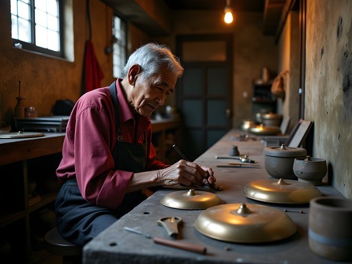 Craftsman making traditional Indonesian gamelan instruments in historic Pasar Baru market