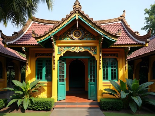 Colorful traditional Betawi house with ornate wooden carvings in Setu Babakan cultural village