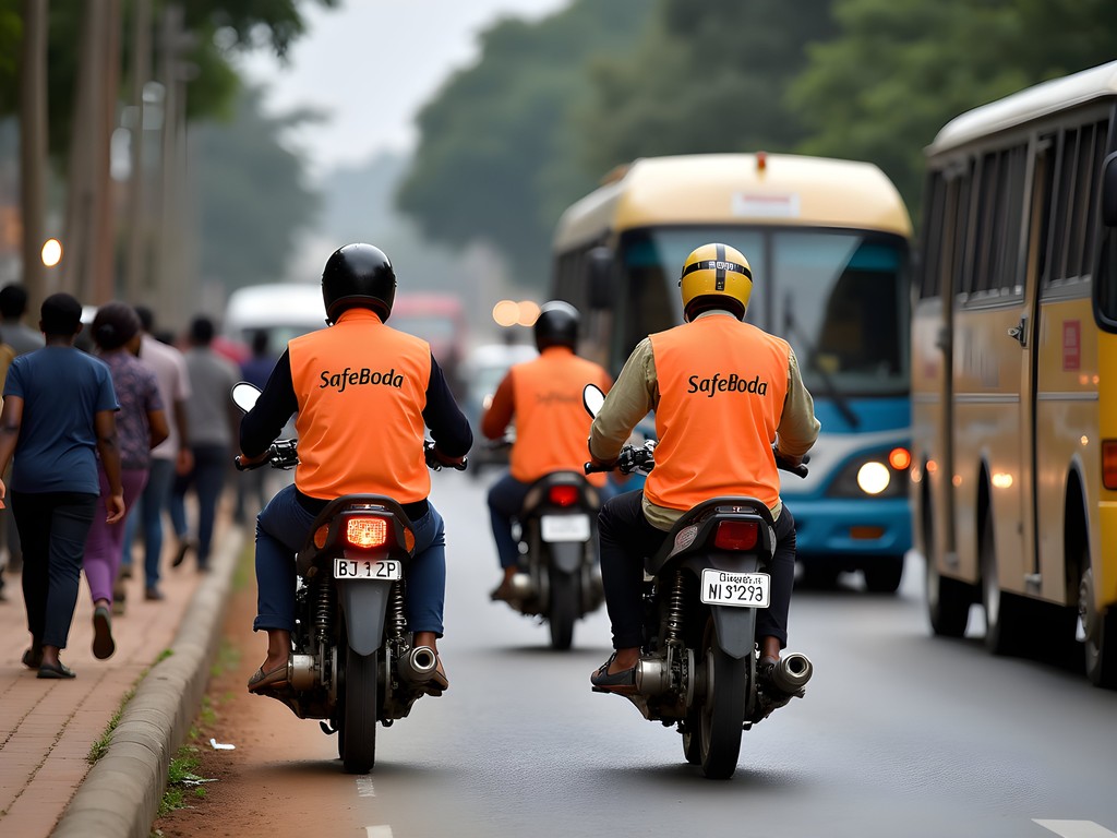 Sustainable transportation options in Kampala including SafeBoda motorcycles and pedestrian walkways