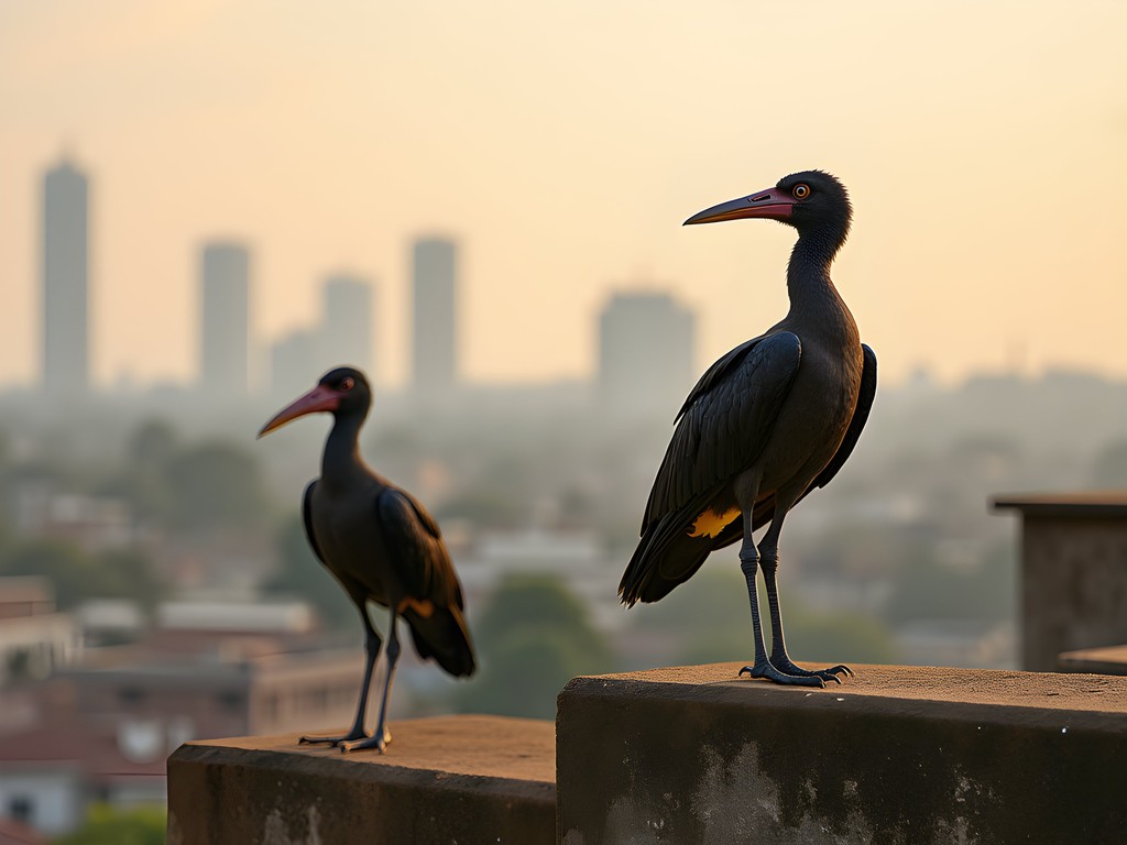 Marabou storks perched on buildings with Kampala skyline in background