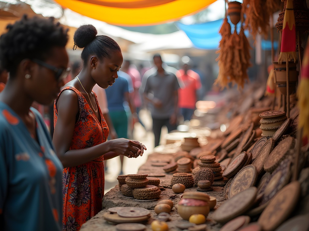 Wildlife biologist Sophia Wilson examining repurposed crafts at Owino Market in Kampala