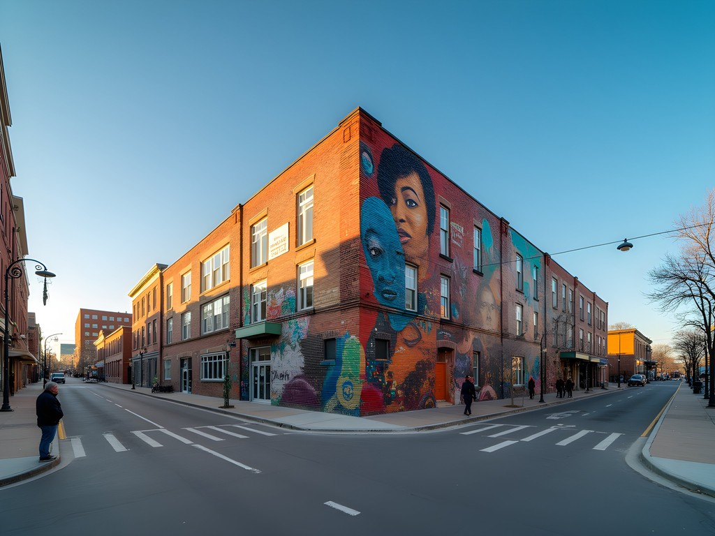 Colorful large-scale mural in Kansas City's Crossroads Arts District with urban landscape