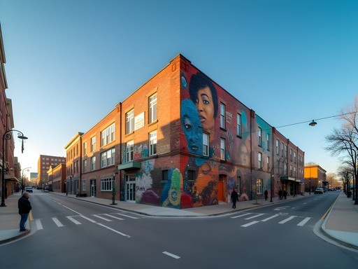 Colorful large-scale mural in Kansas City's Crossroads Arts District with urban landscape