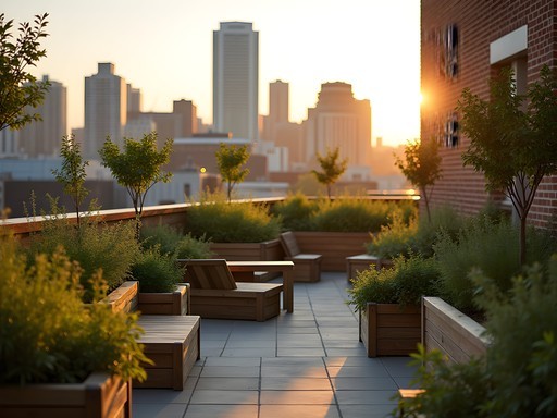 Serene rooftop garden on Kansas City's Central Library with downtown skyline views