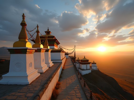 Erdene Zuu Monastery at sunrise with prayer flags and white stupas against dramatic Mongolian landscape