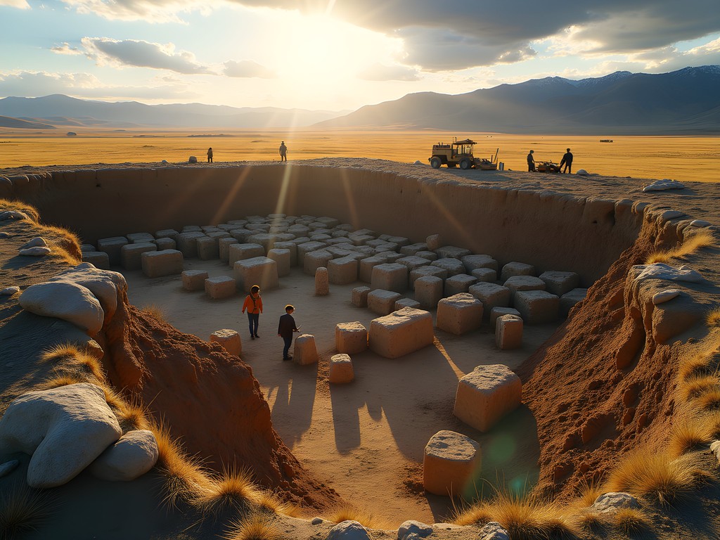Archaeological excavation at Karakorum showing ancient foundations with mountains and steppe landscape in background