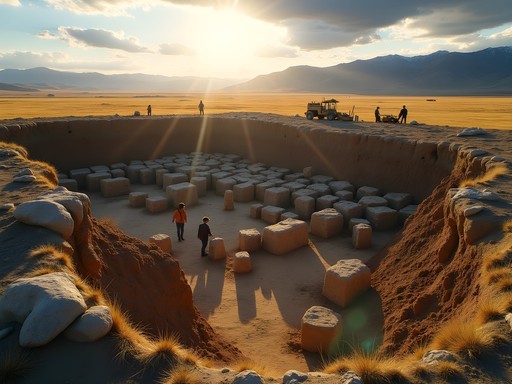 Archaeological excavation at Karakorum showing ancient foundations with mountains and steppe landscape in background