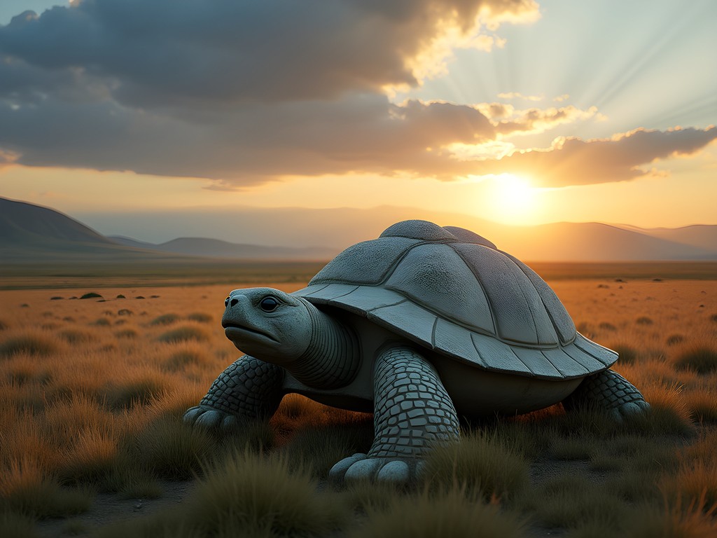 Ancient stone turtle marker at Karakorum archaeological site during sunrise with golden light on the Mongolian steppe