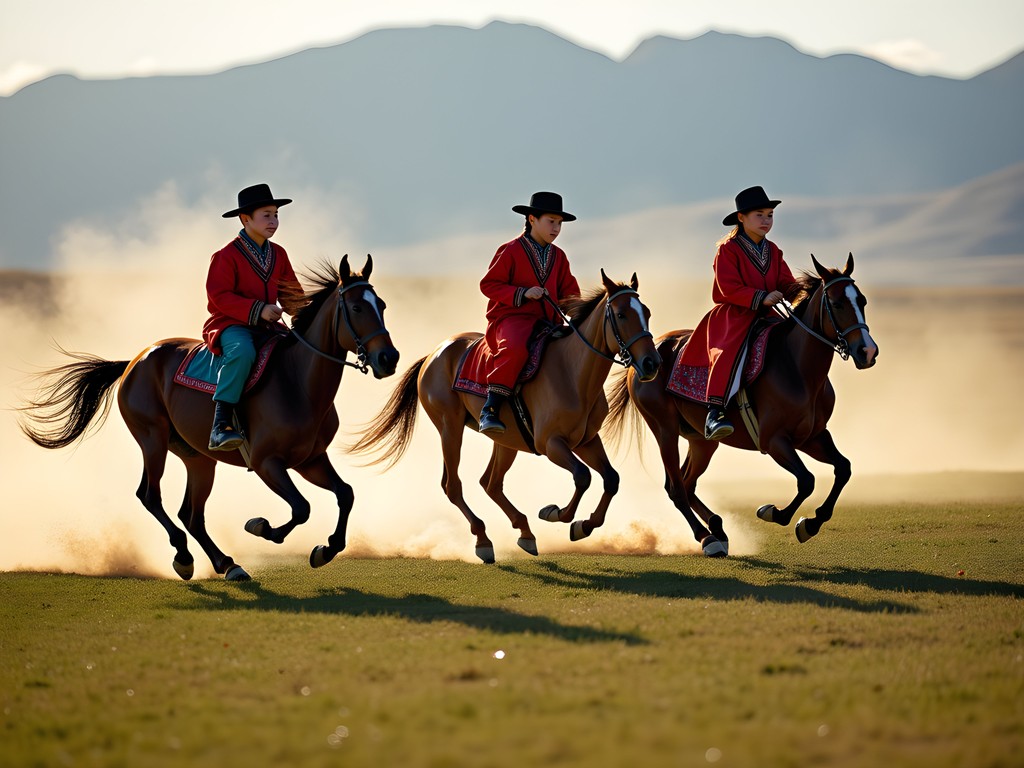 Child jockeys racing horses across the Mongolian steppe during local Naadam festival near Karakorum