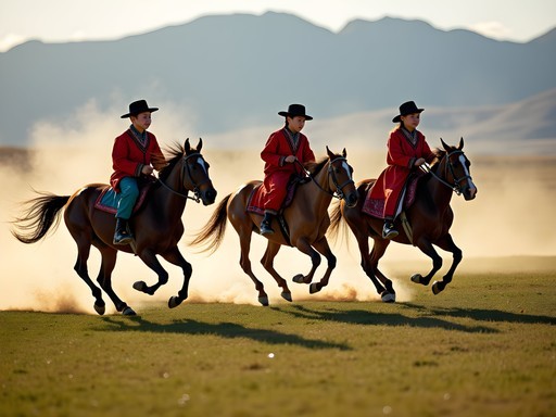 Child jockeys racing horses across the Mongolian steppe during local Naadam festival near Karakorum