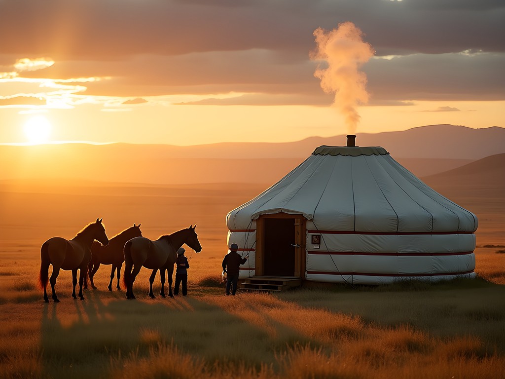 Traditional Mongolian ger (yurt) with nomadic family and horses against sunset on the steppe near Karakorum