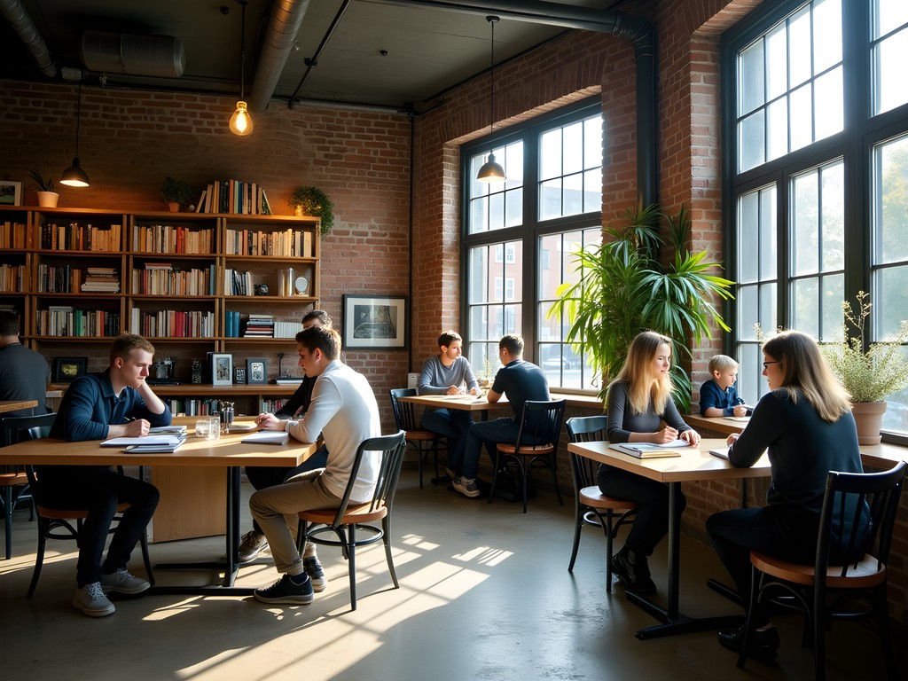 Students gathering in a repurposed cultural space cafe in Kaunas with industrial design elements