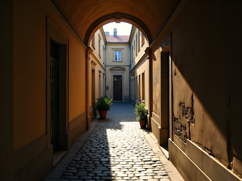Narrow arched passage leading to a hidden courtyard in Kaunas Old Town