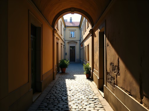 Narrow arched passage leading to a hidden courtyard in Kaunas Old Town