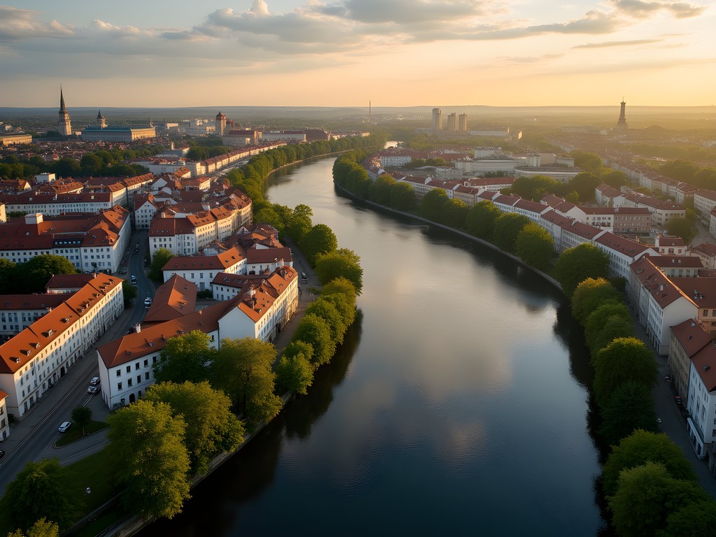Aerial view of Kaunas showing the confluence of Nemunas and Neris rivers with Old Town visible