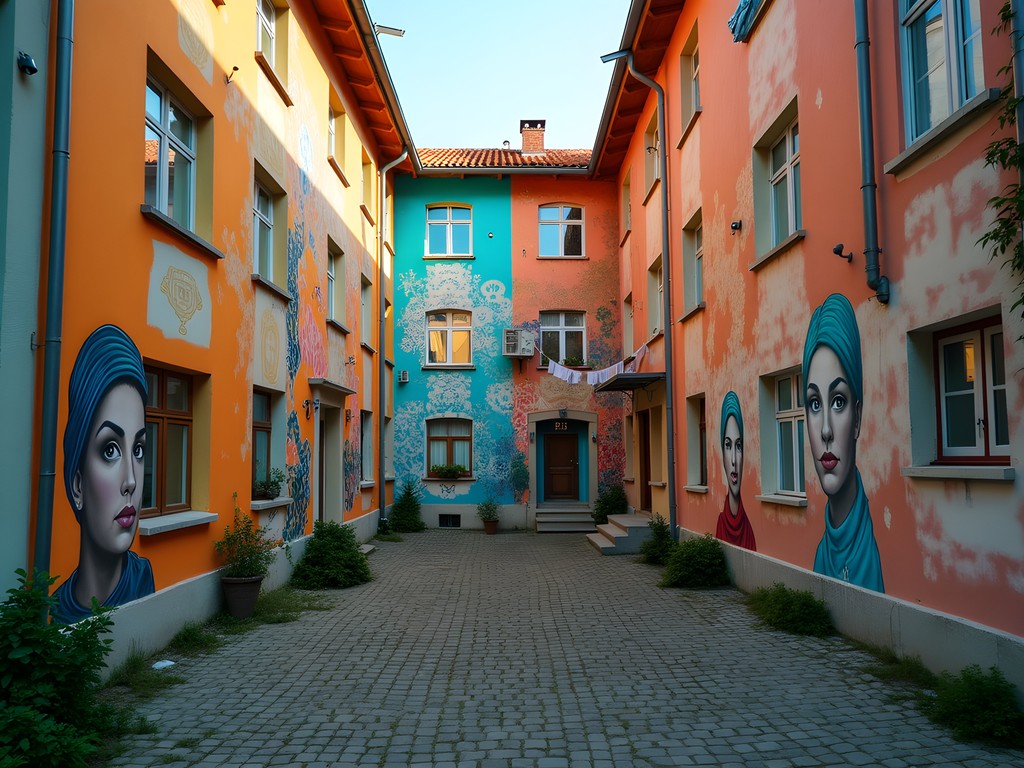 Colorful murals in Kiemo Galerija courtyard showing portraits of former residents
