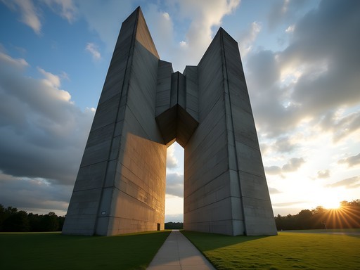 Massive brutalist monument at Kaunas Ninth Fort with dramatic concrete forms against sky