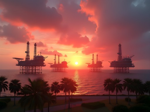 Industrial silhouettes against sunrise at Silver Jubilee Park in Kuala Belait