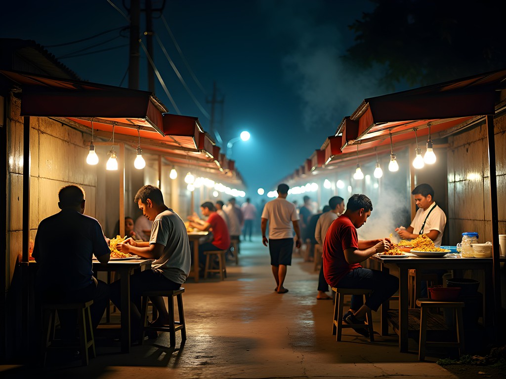 Vibrant night market food stalls in Kuala Belait with local vendors and customers