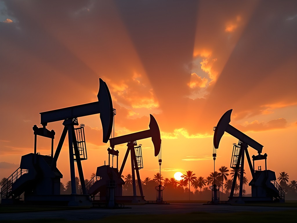 Silhouettes of pumpjacks against sunset at Seria Oil Field near Kuala Belait