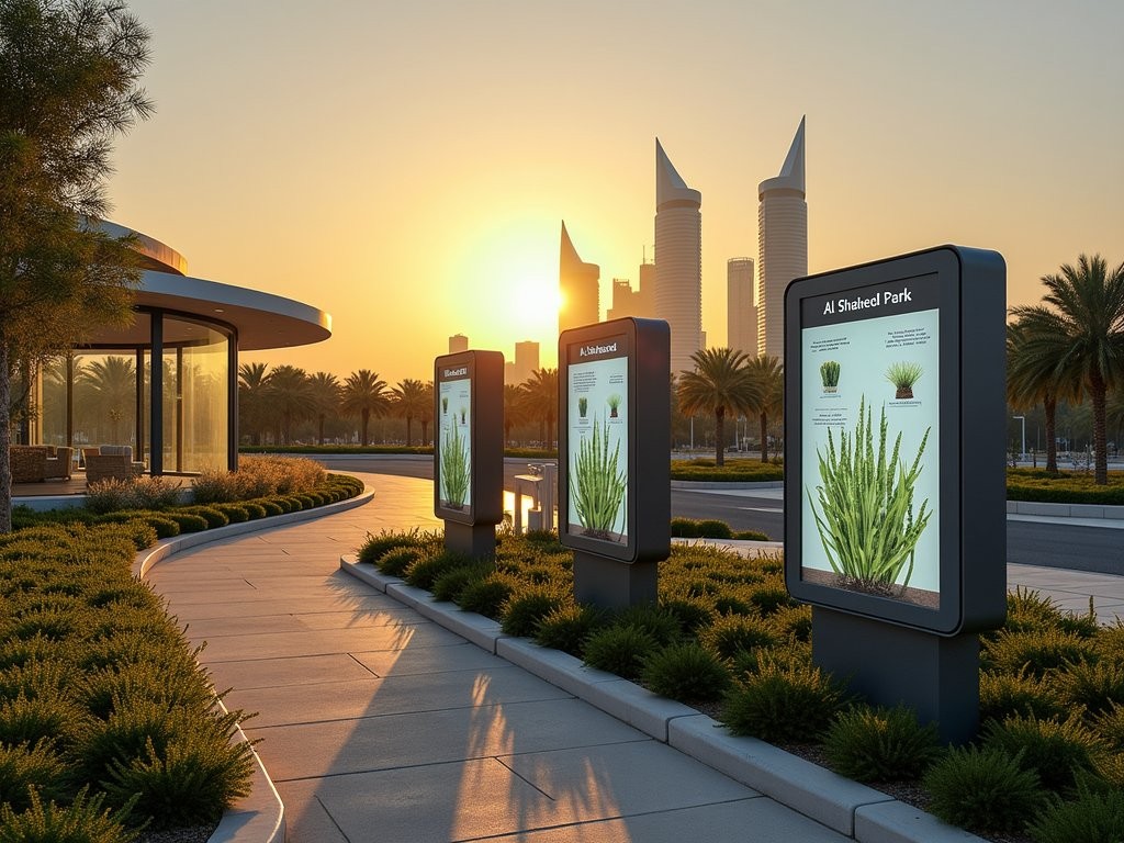 Al Shaheed Park's smart irrigation system and interactive plant information displays at sunset