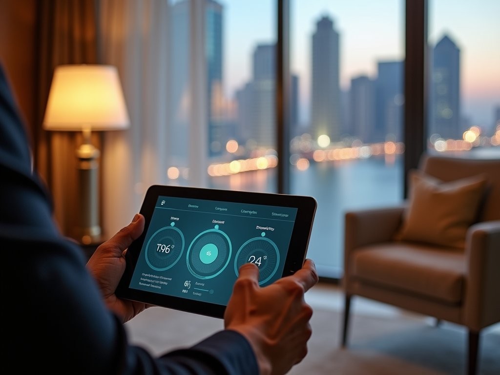 Sophisticated room control system in Four Seasons Kuwait suite showing integrated technology