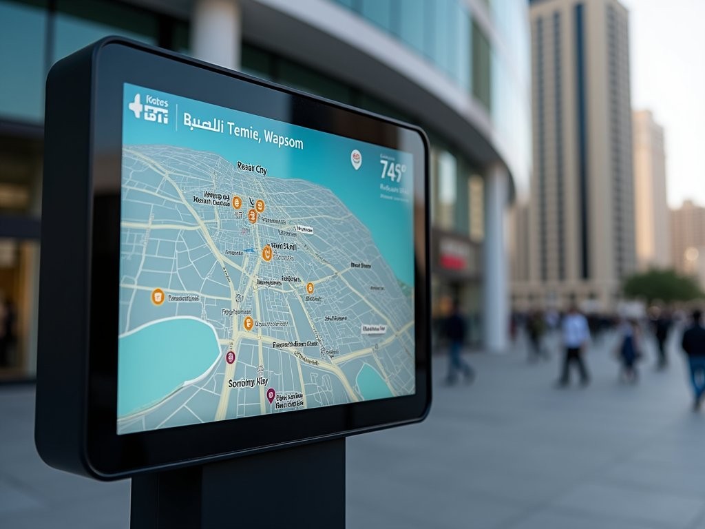 Digital navigation kiosk in Kuwait City showing interactive map and real-time transportation data