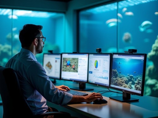 AI-monitored aquarium system at Kuwait Scientific Center showing data displays and marine life