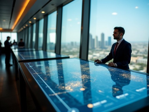 Interactive smart displays at Kuwait Towers observation deck showing city development