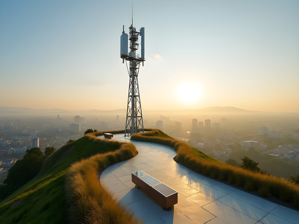 Telecommunications tower on Cerro Lambaré with smart benches in foreground