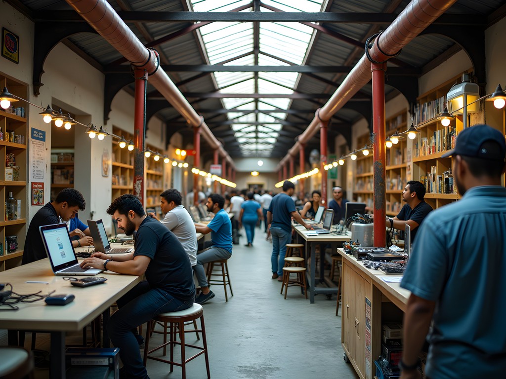Second floor technology section of Lambaré's Municipal Market showing small electronics shops and repair services