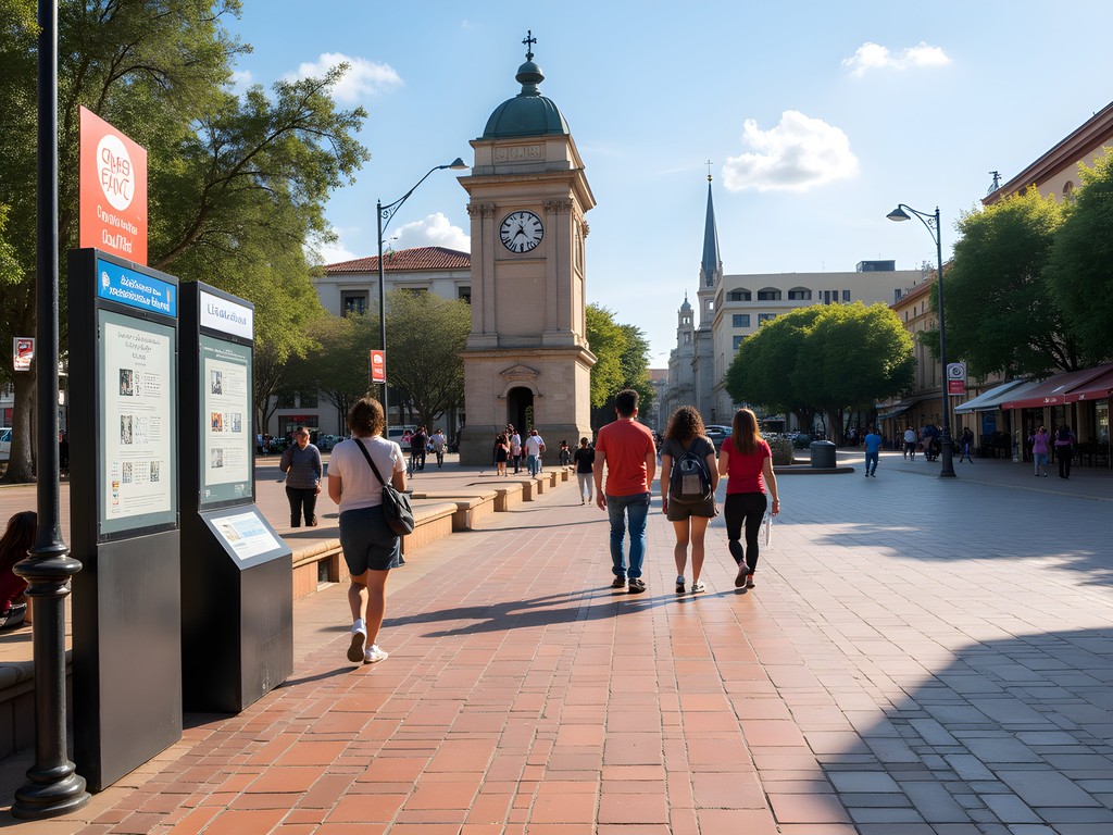 Plaza Defensores del Chaco with QR-coded historical markers and public WiFi infrastructure