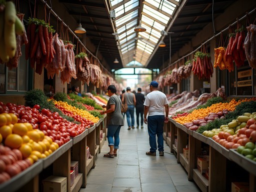 Vibrant local market scene in Las Piedras Uruguay with produce vendors and shoppers