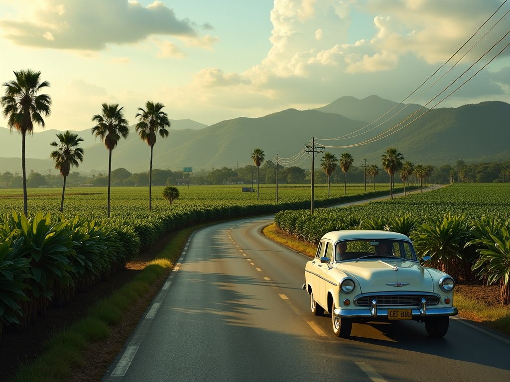 Rural Cuban landscape during journey from Havana to Las Tunas showing tobacco fields and vintage car