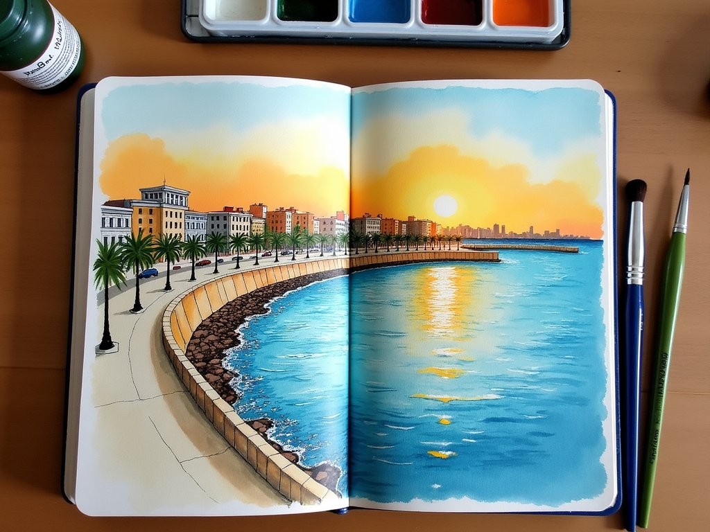 Artist comparing before and after sketches of Havana's Malecón showing evolution in perspective