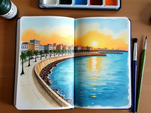 Artist comparing before and after sketches of Havana's Malecón showing evolution in perspective