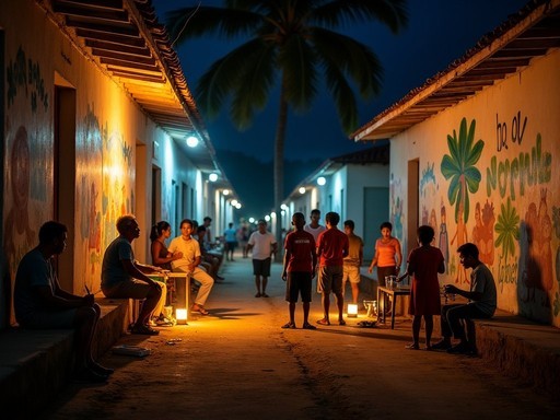 Community mural painting session in Las Tunas neighborhood with locals and visitor collaborating by candlelight