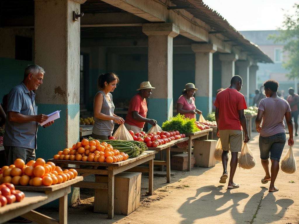 Early morning market scene in Las Tunas with locals shopping for produce and socializing