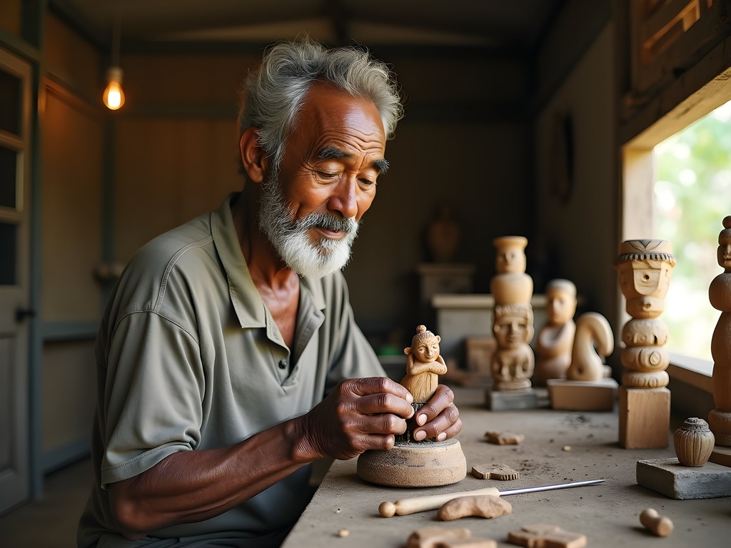 Traditional woodcarver in Lelydorp creating intricate carvings from local hardwood