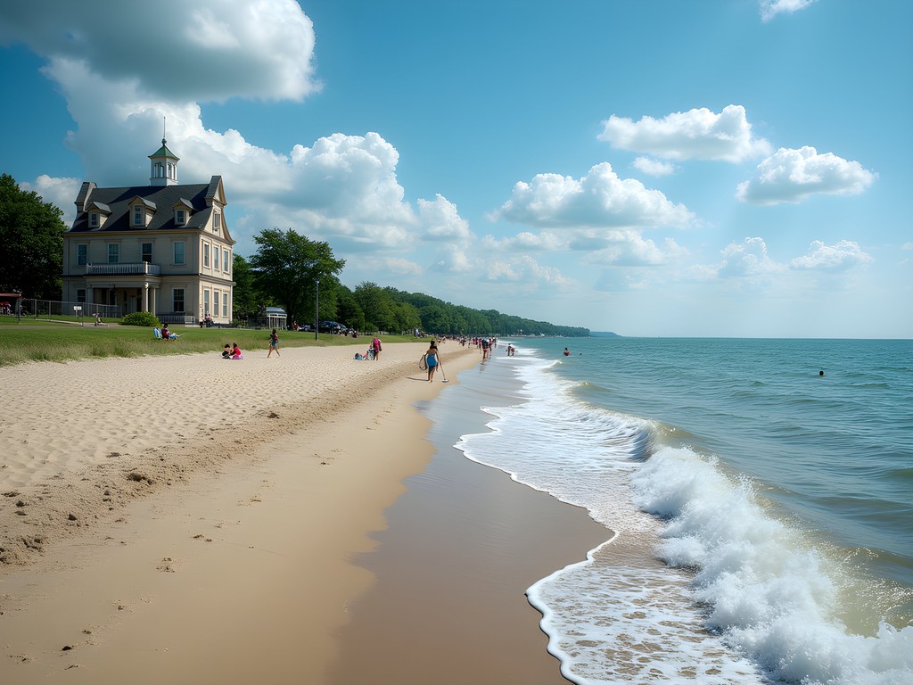 Lakeview Park beach in Lorain with historic bathhouse and Lake Erie shoreline