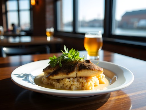 Local sustainable seafood dish served at waterfront restaurant in Lorain with harbor views
