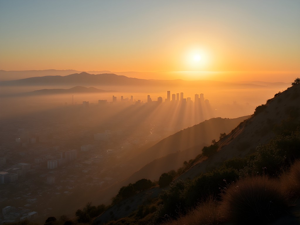 Panoramic view of Los Angeles at sunrise from Baldwin Hills Scenic Overlook with marine layer and mountains