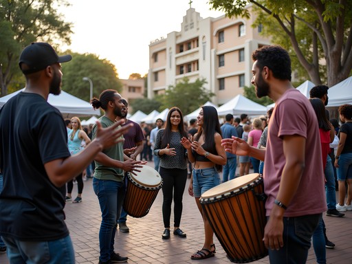 Vibrant Sunday drum circle and market in Leimert Park with diverse community members and Art Deco architecture
