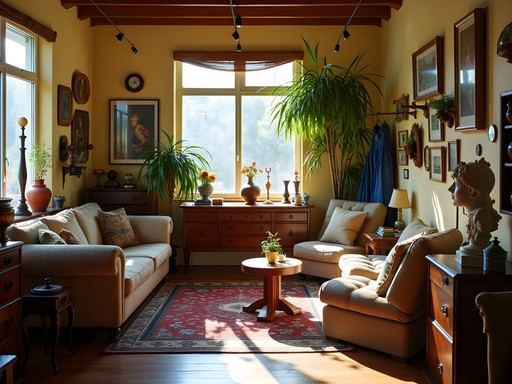 Interior of a North Hollywood vintage store with mid-century furniture and architectural salvage in warm lighting