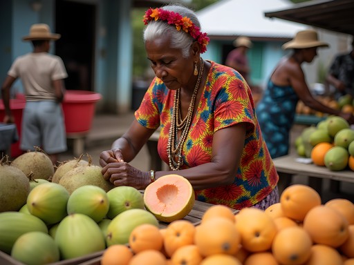 Local woman vendor arranging colorful tropical produce at Luganville municipal market