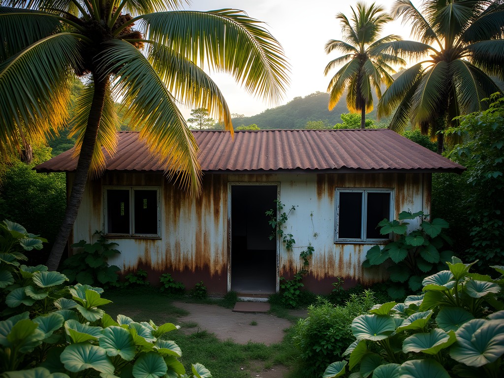 Abandoned WWII Quonset hut being reclaimed by jungle vegetation in Luganville