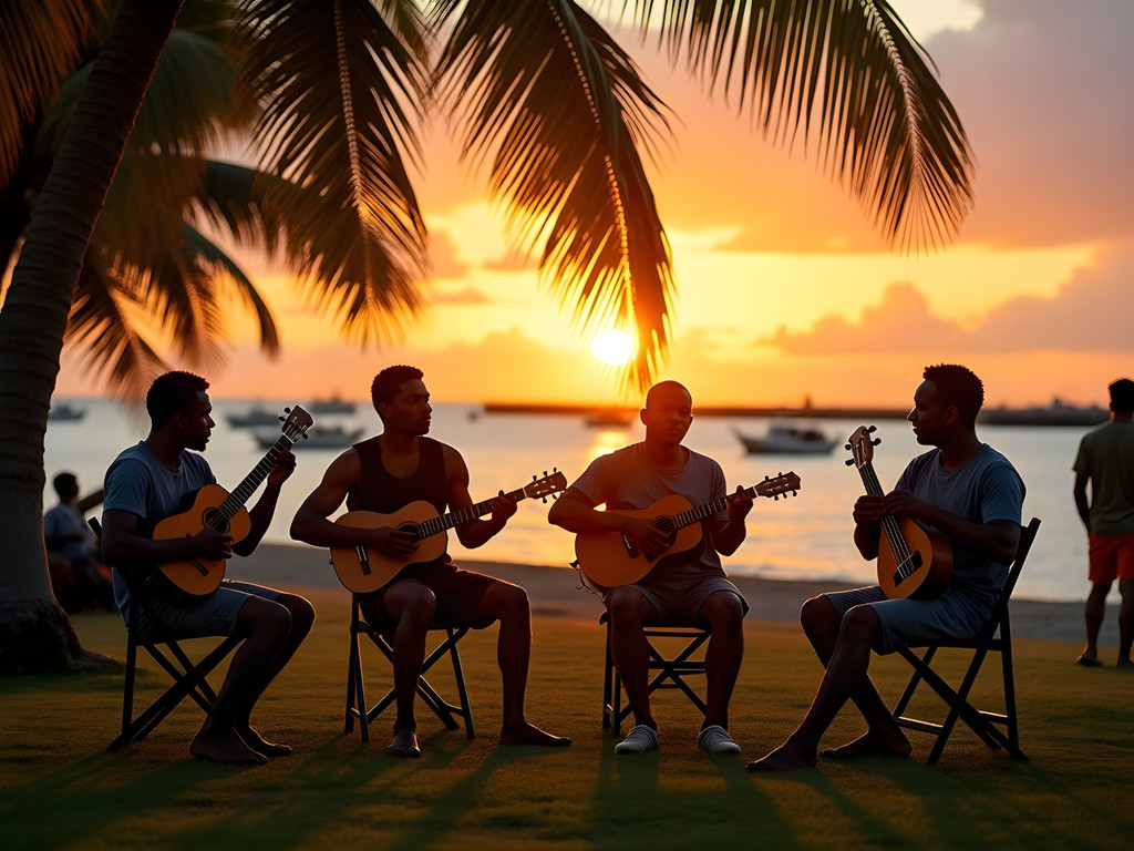 Local string band musicians playing at sunset in Unity Park with Luganville harbor in background
