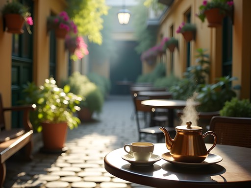 Historic courtyard café in Lviv with traditional Ukrainian coffee service