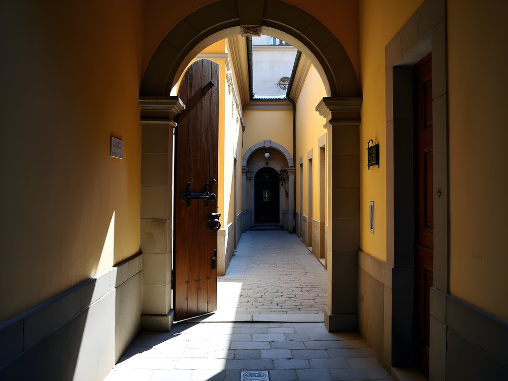 Narrow entrance passage to hidden Lviv courtyard with historic architecture